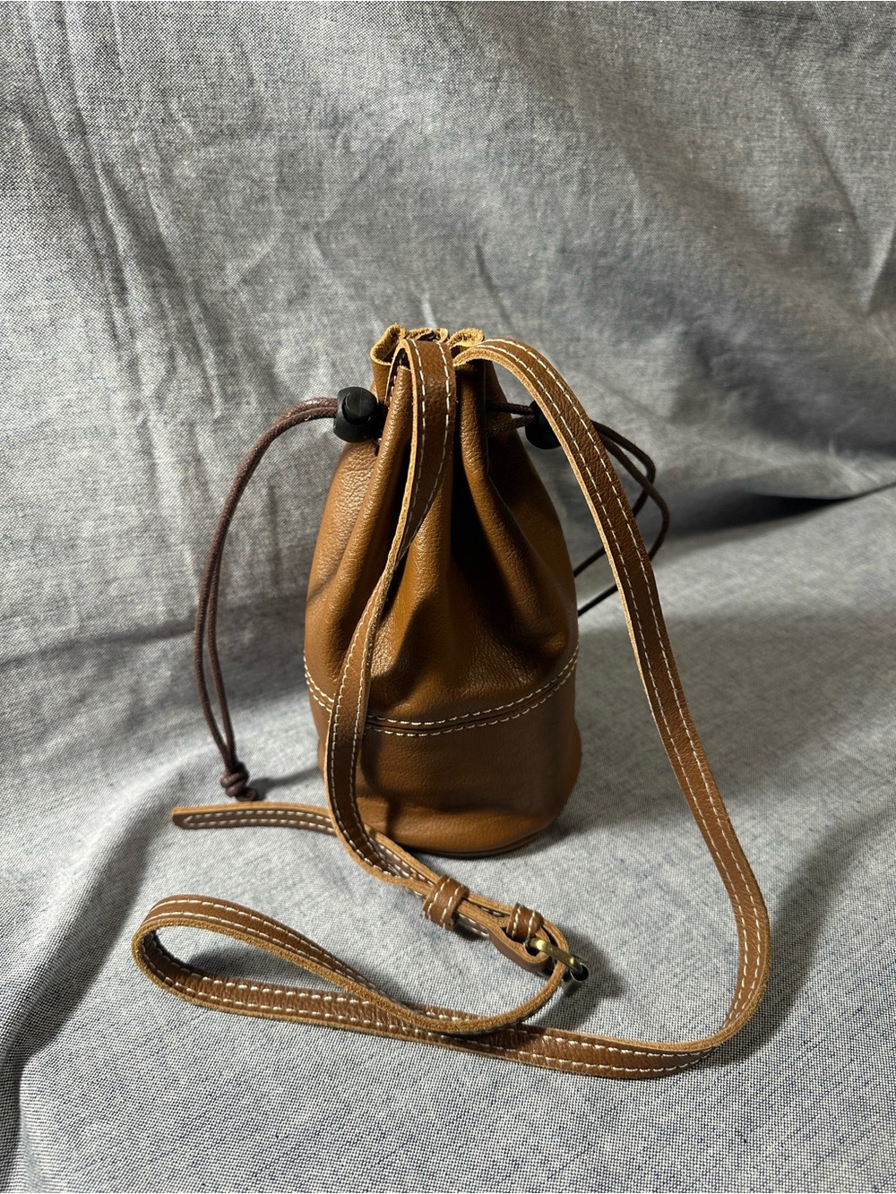 Tan Leather Drawstring Bucket Bag